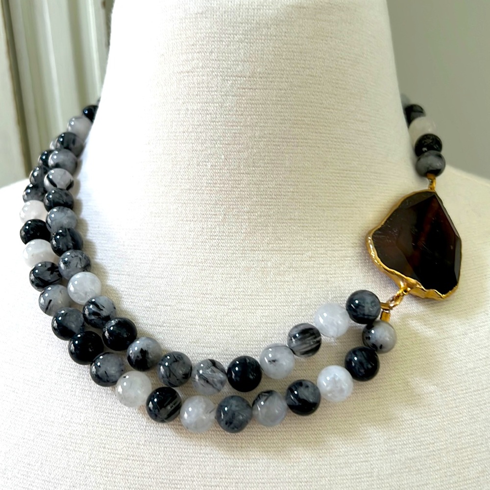 Janna Connor black Quartz and Agate choker collar necklace